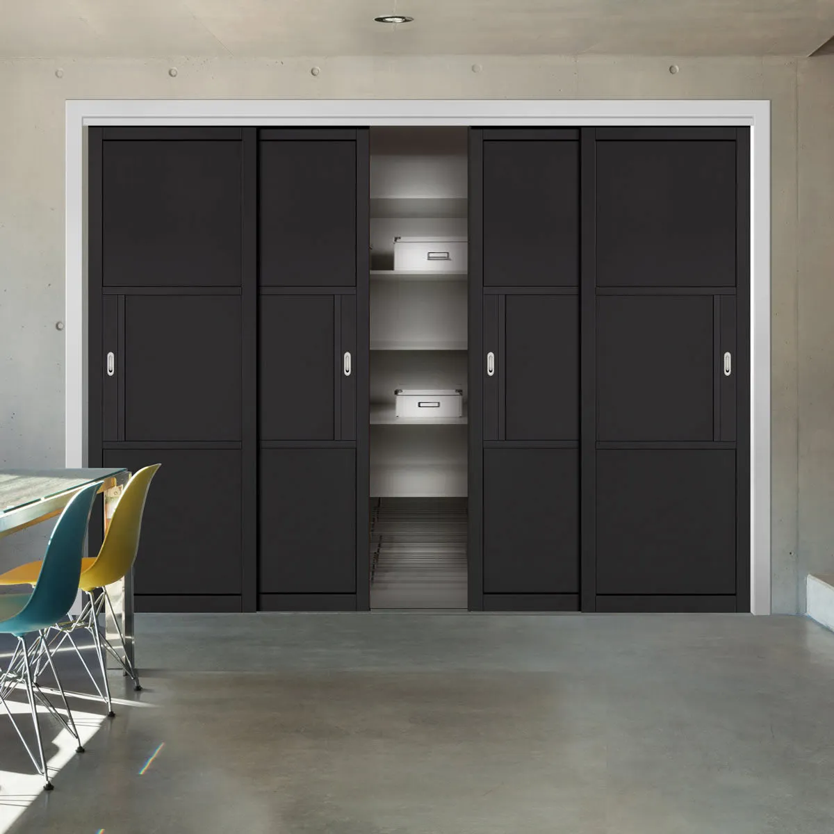 Minimalist Wardrobe Door & Frame Kit - Four Tribeca 3 Panel Black Painted Door - Prefinished