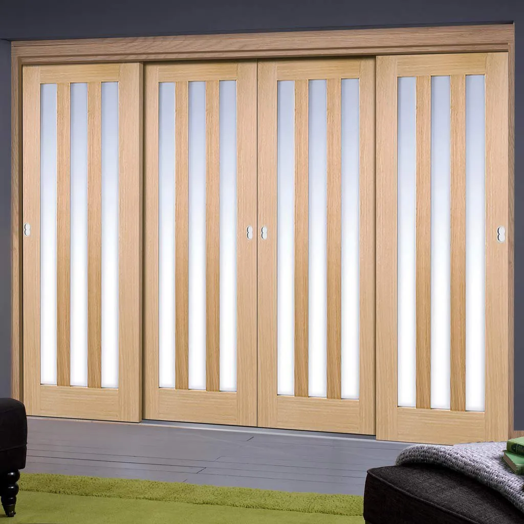 Minimalist Wardrobe Door & Frame Kit - Four Utah Oak Doors - Frosted Glass - Prefinished