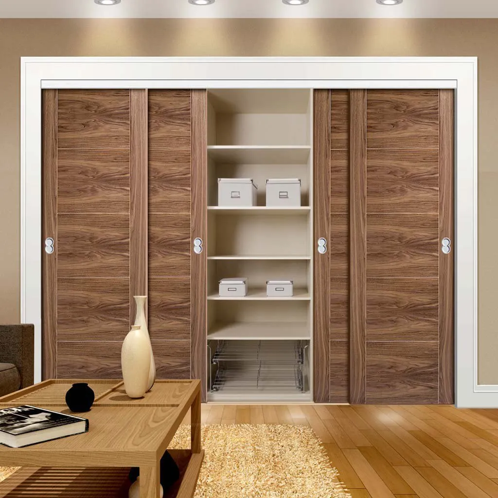 Minimalist Wardrobe Door & Frame Kit - Four Vancouver 5 Panel Flush Walnut Doors - Prefinished