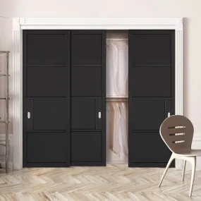 Minimalist Wardrobe Door & Frame Kit - Three Chelsea 4 Panel Black Painted Door - Prefinished