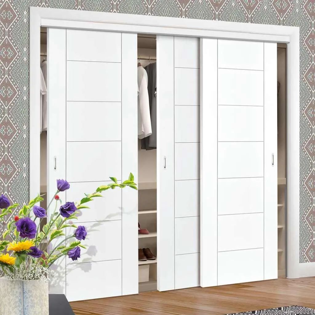 Minimalist Wardrobe Door & Frame Kit - Three Palermo Flush Doors - White Primed