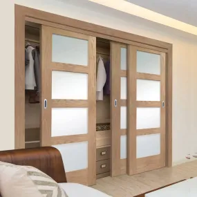 Minimalist Wardrobe Door & Frame Kit - Three Shaker Oak 4 Pane Door - Obscure Glass - Prefinished