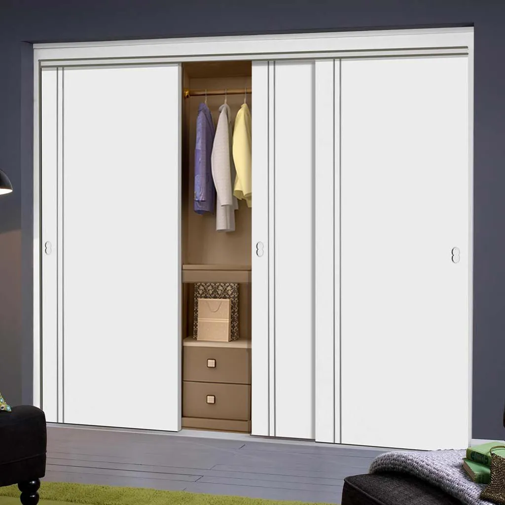 Minimalist Wardrobe Door & Frame Kit - Three Sierra Blanco Flush Doors - White Painted