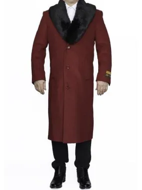 Moscow: MENS RED REMOVABLE FUR COLLAR FULL LENGTH TOP COAT / OVERCOAT