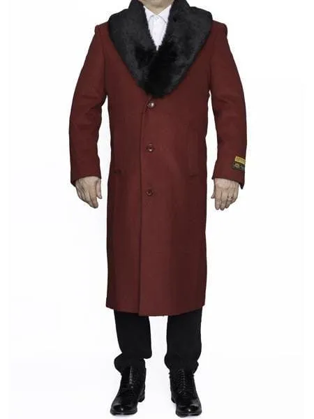 Moscow: MENS RED REMOVABLE FUR COLLAR FULL LENGTH TOP COAT / OVERCOAT