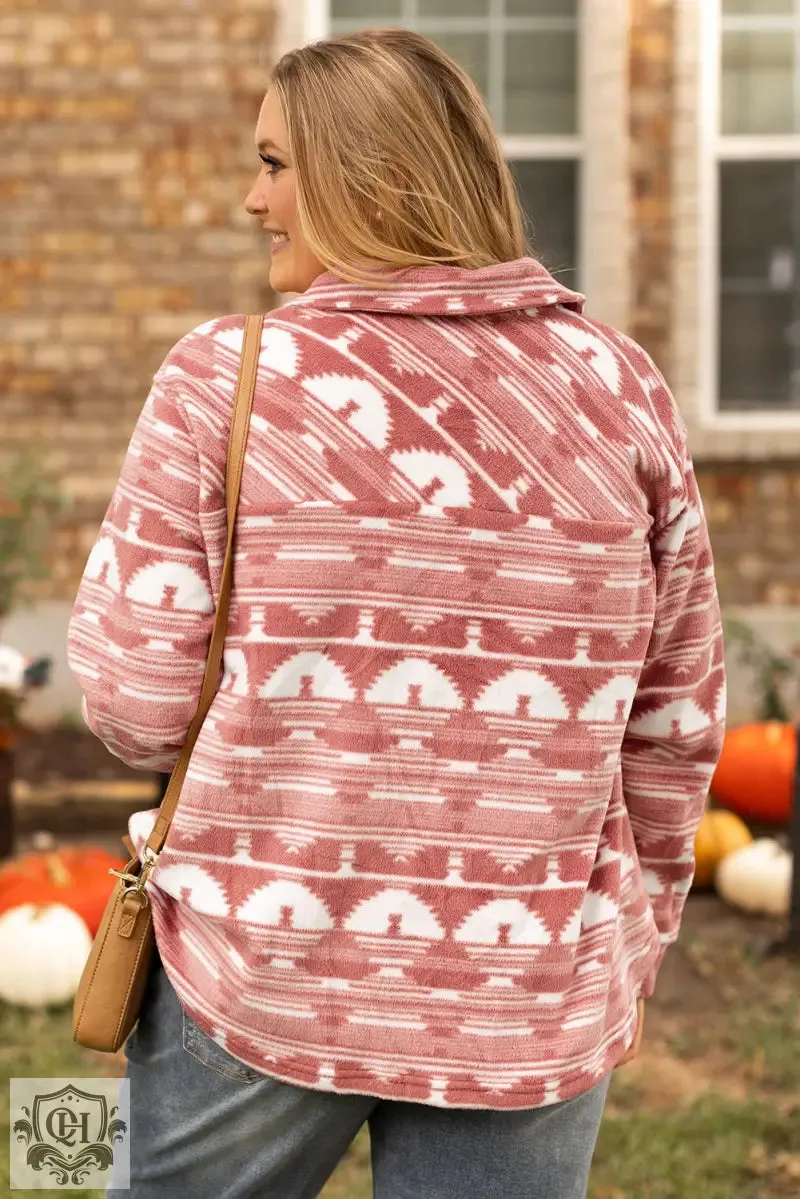 Pink Plus Size Aztec Print Chest Pocket Shacket