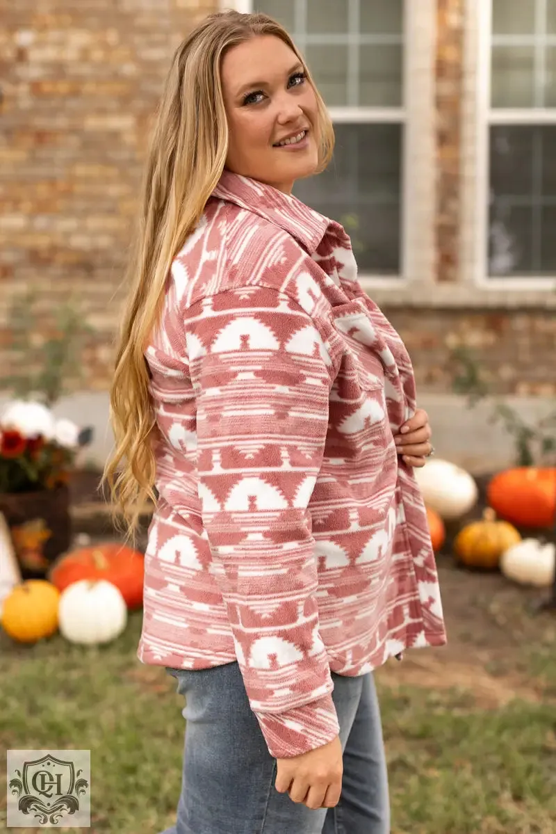 Pink Plus Size Aztec Print Chest Pocket Shacket