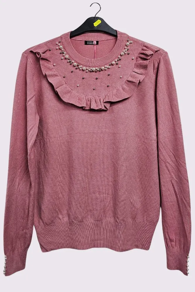Plain Beaded Ruffle Long Sleeve Knitted Top