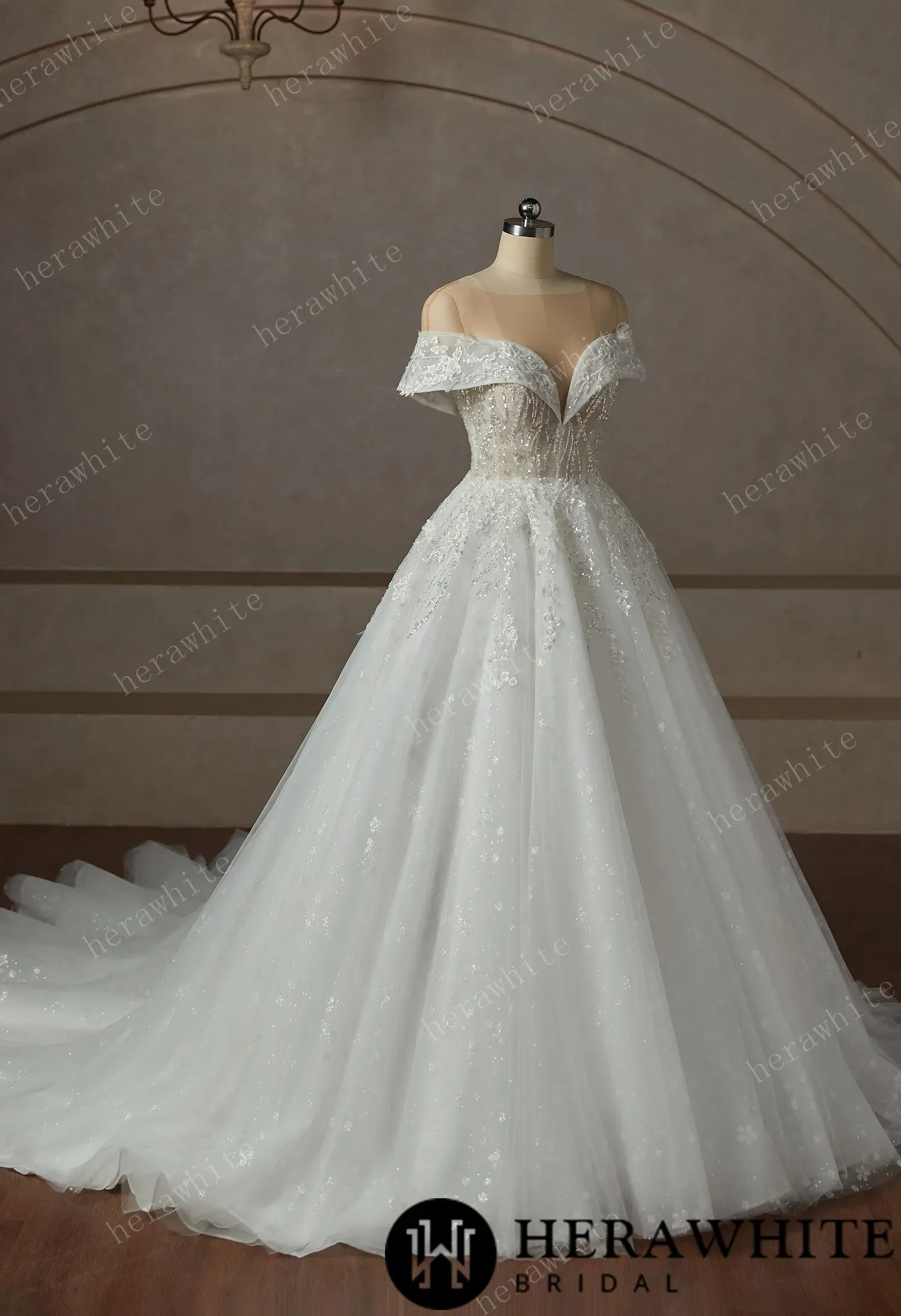 Princess Plunge Wrap Sleeves Ball Gown Wedding Dress