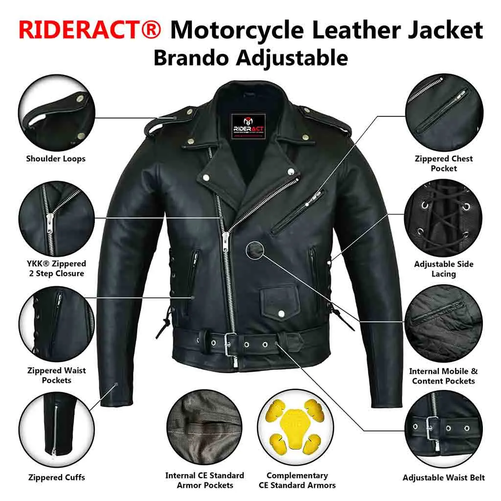 RIDERACT® Mens Leather Motorcycle Jacket Brando Adjustable Leather Moto Jacket