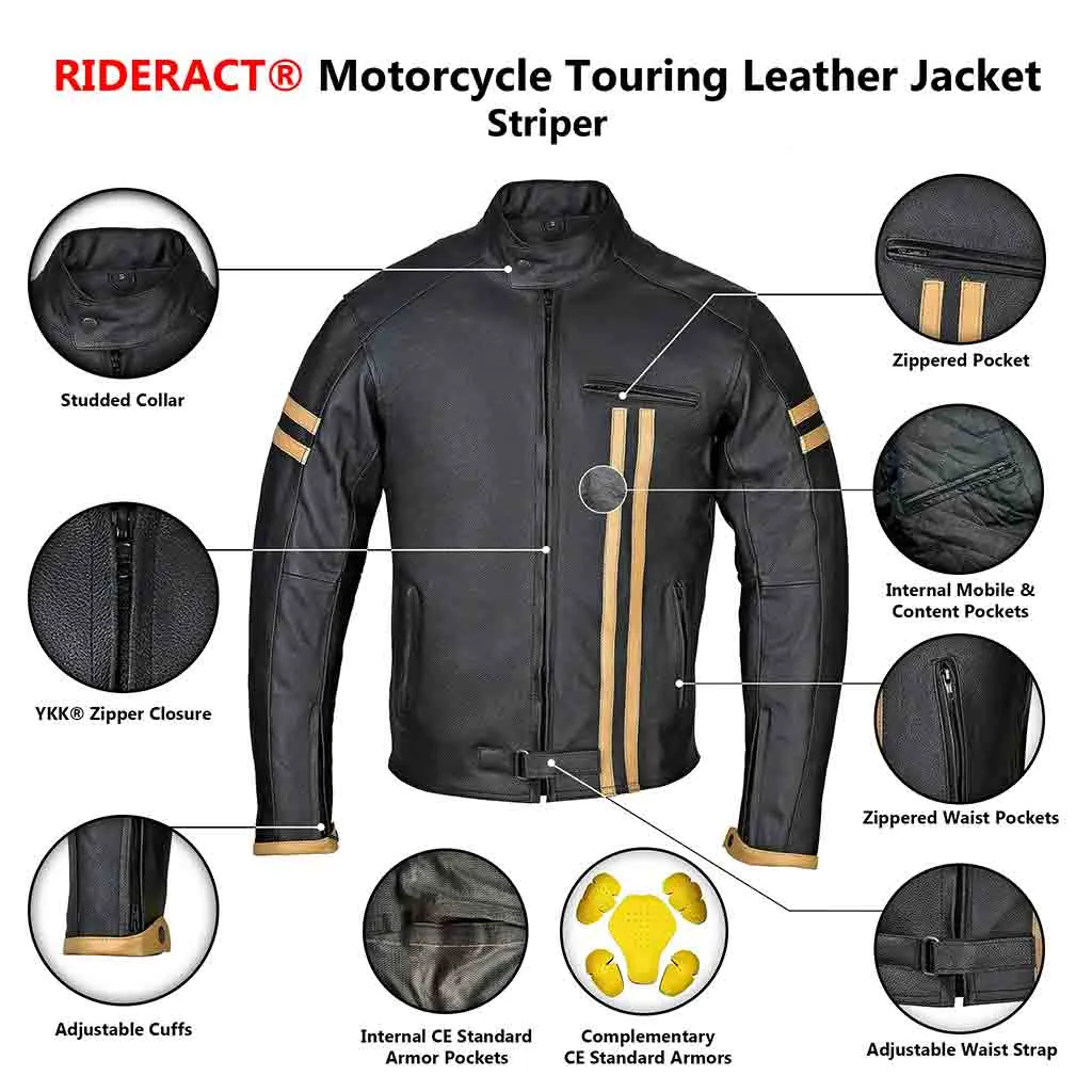 RIDERACT® Mens Leather Motorcycle Jacket Striper Moto Jacket
