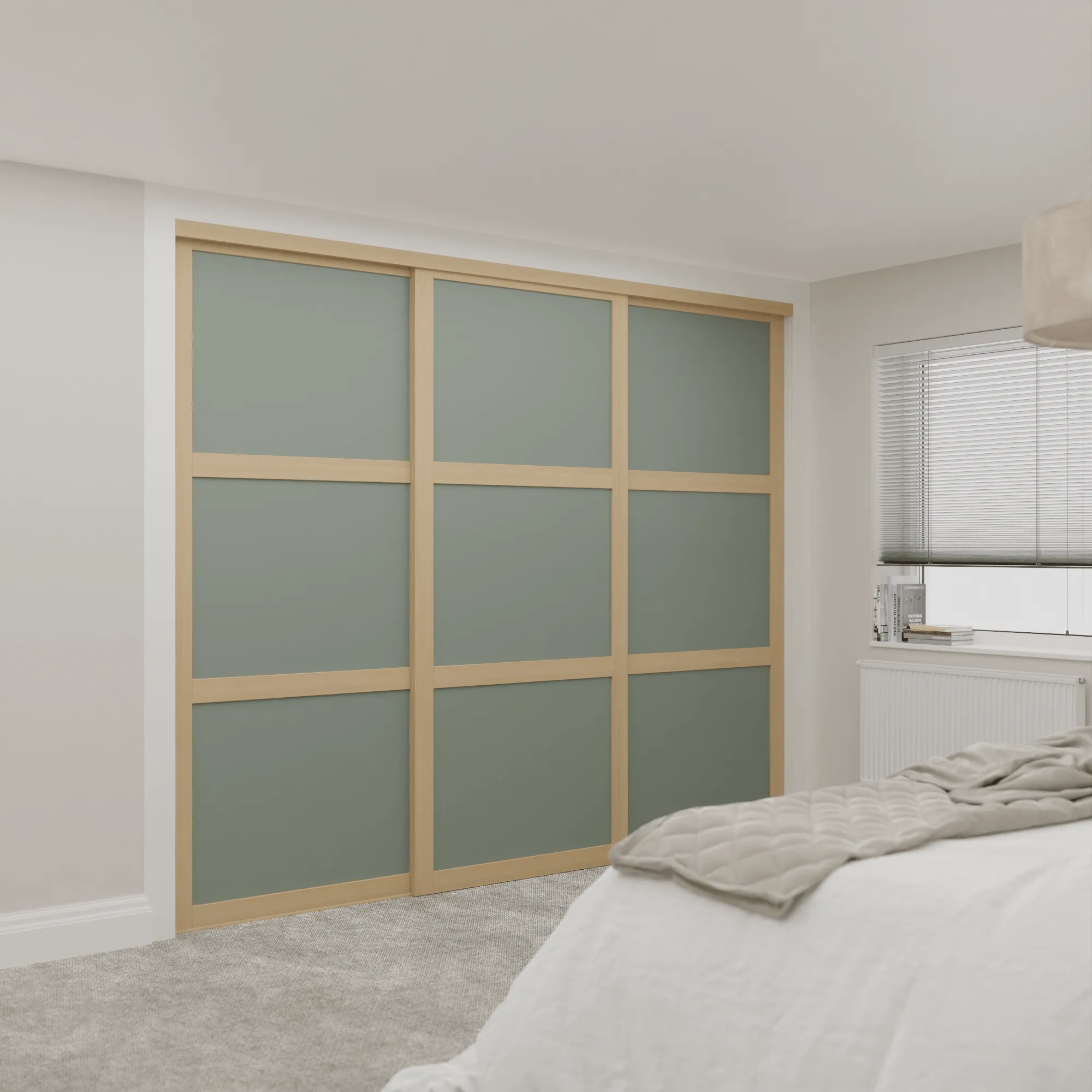 Shaker Light Oak Frame Green Wood 3 Door Sliding Wardrobe Kit