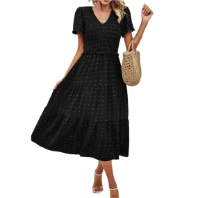Smocked V Neck Midi Dress - Black