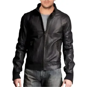 Stylish Men's Leather Bomber Jacket with Stand Collar - Durable & Modern