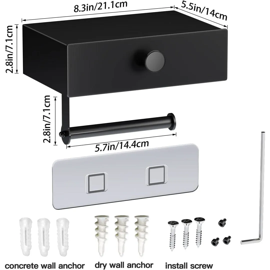 Toilet Paper Holder with Shelf Black Wipes Dispenser for Bathroom Stainless Steel Toilet Paper Holder with Storage Drawer Adhesive Wall Mount Small Bathroom