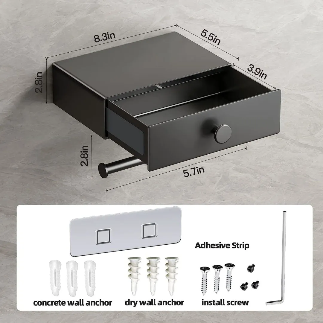 Toilet Paper Holder with Shelf Black Wipes Dispenser for Bathroom Stainless Steel Toilet Paper Holder with Storage Drawer Adhesive Wall Mount Small Bathroom
