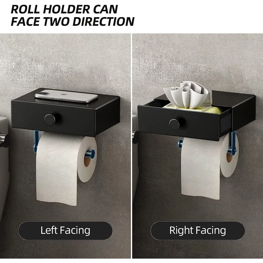 Toilet Paper Holder with Shelf Black Wipes Dispenser for Bathroom Stainless Steel Toilet Paper Holder with Storage Drawer Adhesive Wall Mount Small Bathroom