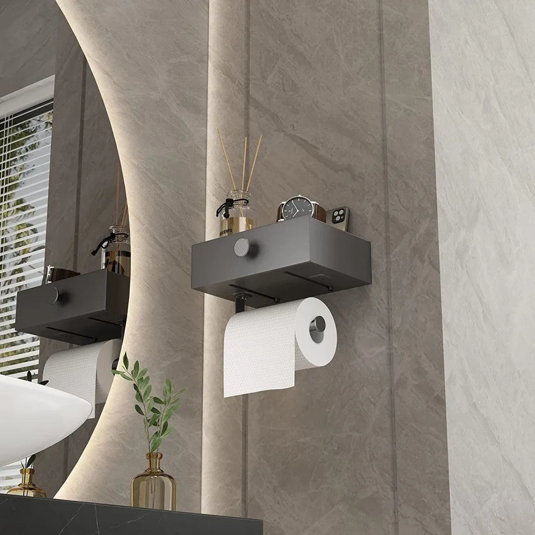 Toilet Paper Holder with Shelf Black Wipes Dispenser for Bathroom Stainless Steel Toilet Paper Holder with Storage Drawer Adhesive Wall Mount Small Bathroom