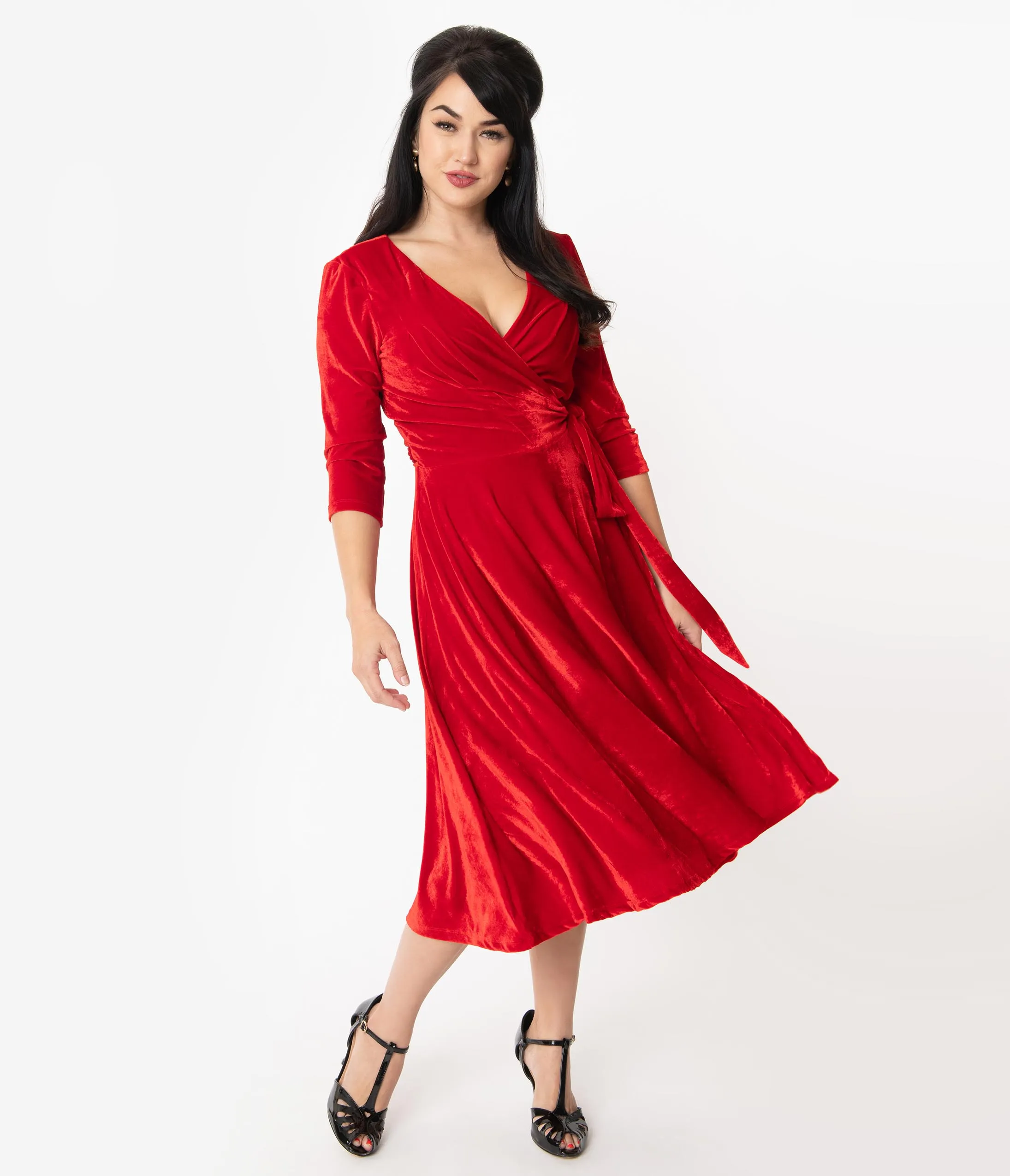 Unique Vintage 1940s Red Velvet Kelsie Wrap Dress
