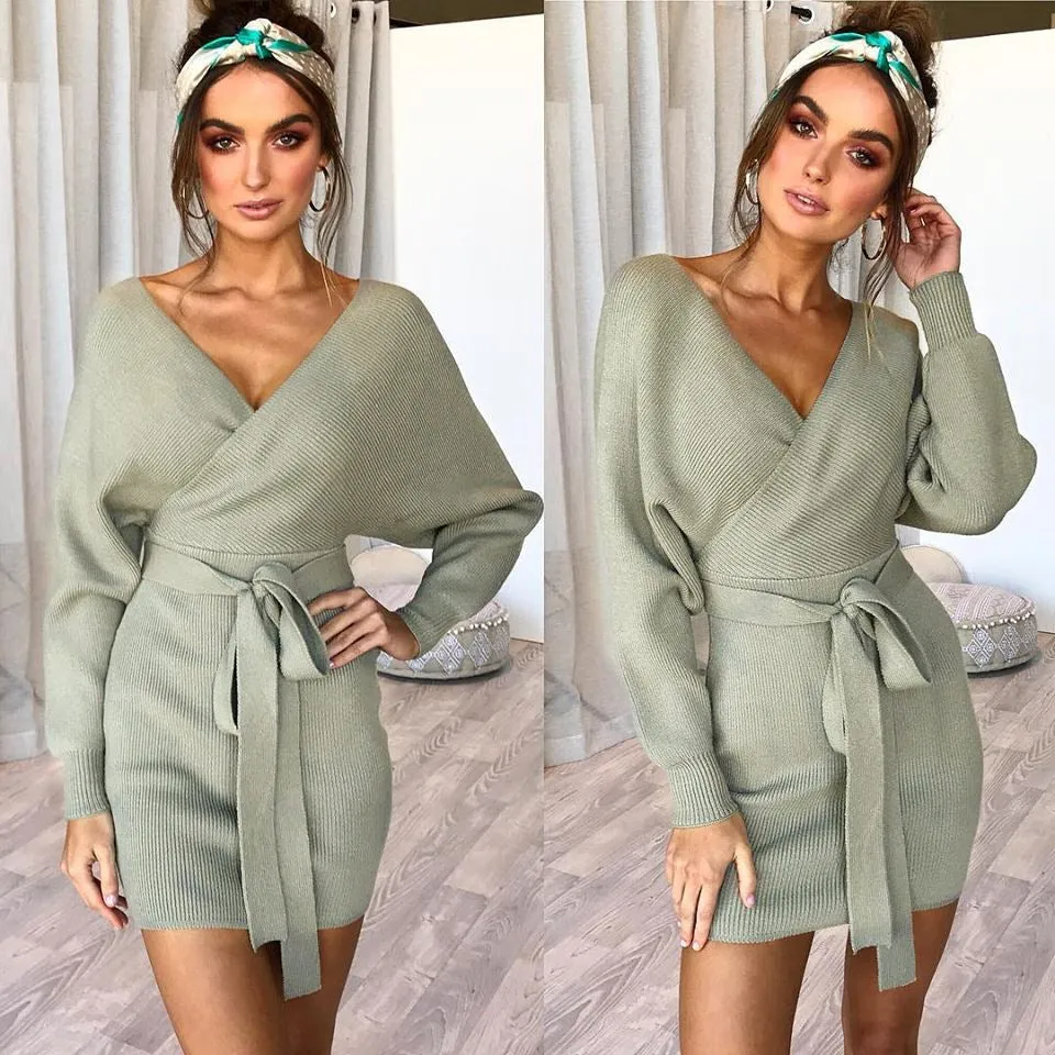 V-neck Wrap Straps Belt Long Batwing Sleeves Long Sweater Dress
