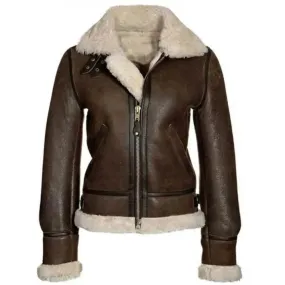 Women Aviator Pilot B3 Bomber Brown Leather Shearling Jacket