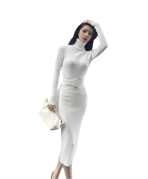 Women's Bodycon Knitted Turtleneck Sweater Dress – Soft Elastic, Belted, Perfect for Autumn & Winter Parties