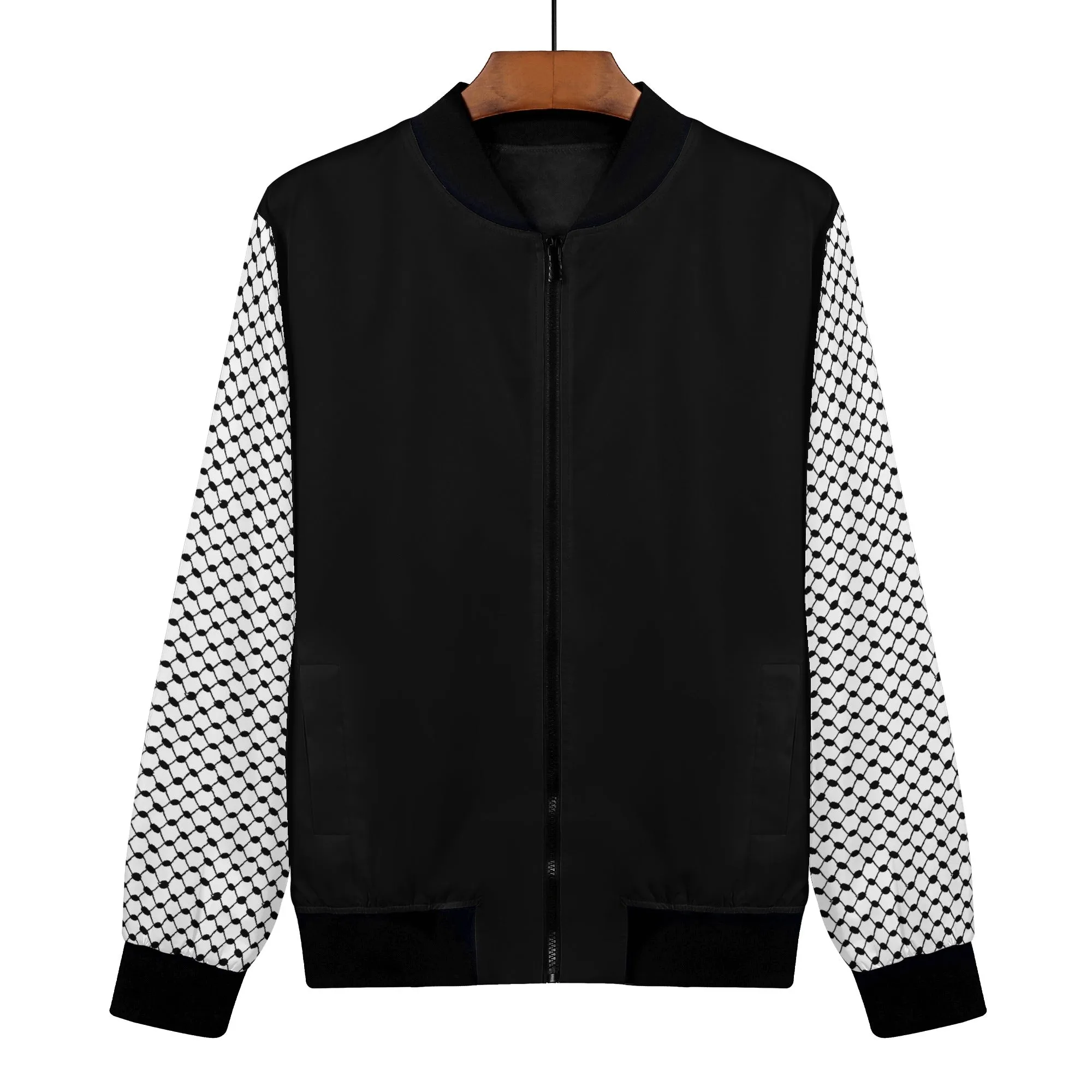 Women's Bomber Jacket in Black, Chic Kufiyeh Sleeve Pattern, Unique Gift for Her