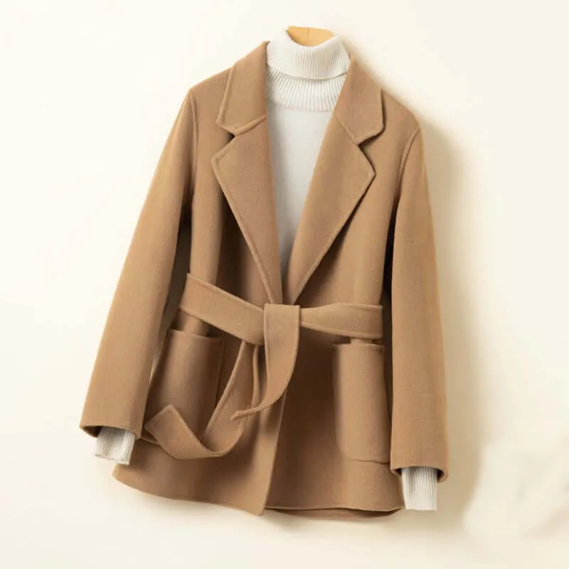 Women's Short Wool Coat with Belt